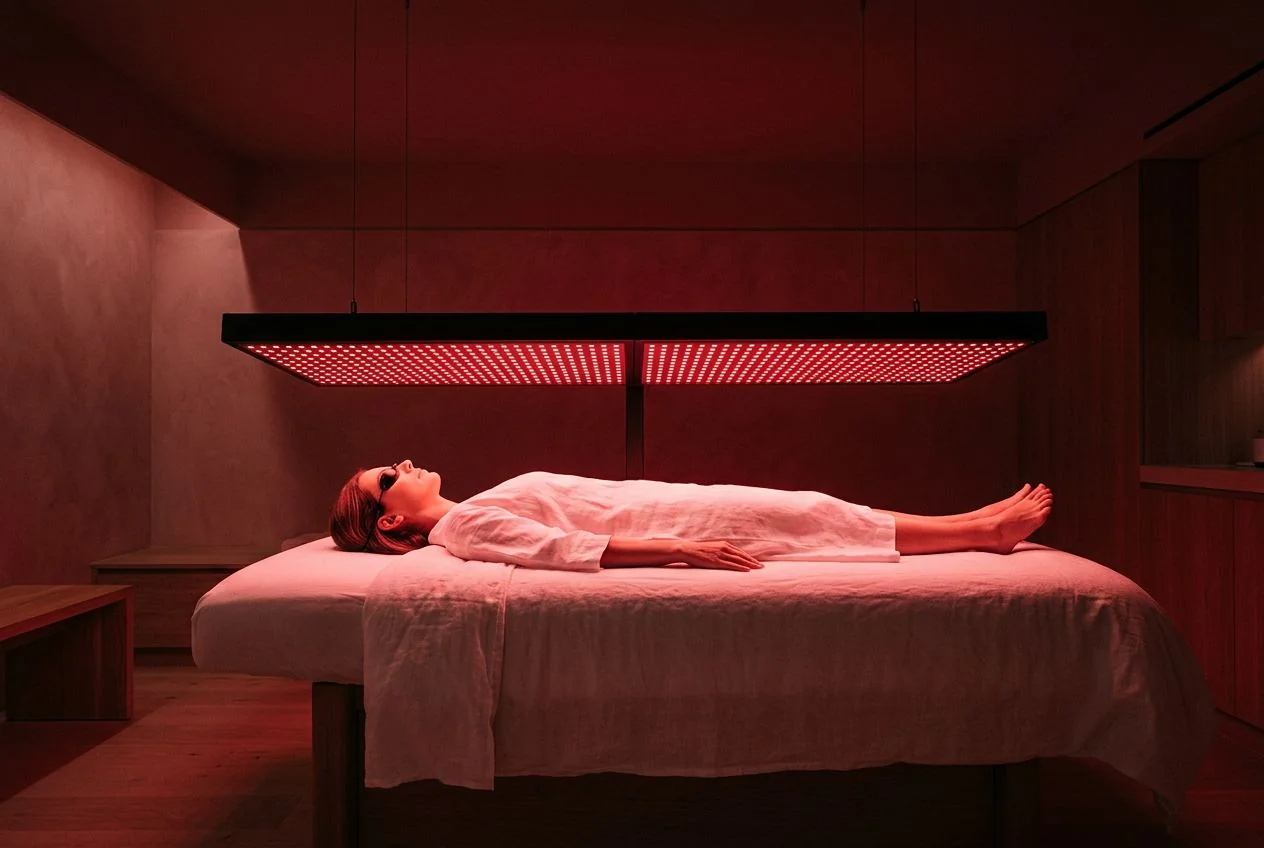Red light near-infrared panel glowing inside a Japandi sanctuary at Rohalya Wellness